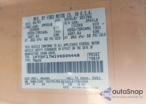 1997 Ford F-150 Lariat/Standard/Xl/Xlt z USA, uszkodzony, nr VIN 1FTDF17W1VKD04448